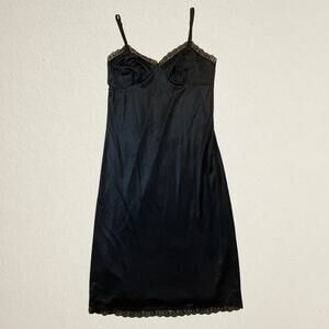 Vintage satin black slip with lace trim nylon, romantic whimsigoth Y2K